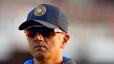 India's coach Rahul Dravid looks on during a warmup session before the third Twenty20 international cricket match against Sri Lanka in Dharmsala, India, Sunday, Feb. 27, 2022. (AP Photo/Ashwini Bhatia) (AP)
