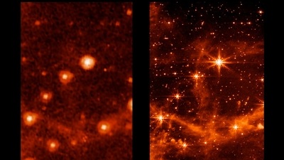 This combination of images provided by NASA shows part of the Large Magellanic Cloud, a small satellite galaxy of the Milky Way, seen by the retired Spitzer Space Telescope, left, and the new James Webb Space Telescope. (NASA via AP)