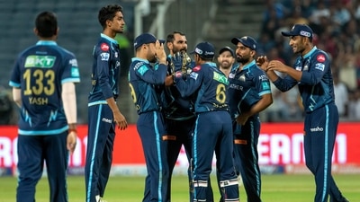 Mohammed Shami of Gujarat Titans celebrates with teammates after the wicket of KL Rahul, captain of Lucknow Super Giants, during the Indian Premier League 2022 cricket match between Lucknow Super Giants and Gujarat Titans, at the MCA International Stadium in Pune, Tuesday, May 10, 2022.&nbsp; (PTI)