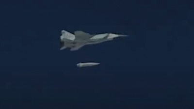 A Russian Air Force MiG-31 fighter jet releases Kinzhal hypersonic missile during a drill in an unknown location in Russia, in this still image taken from video released February 19, 2022. Russian Defence Ministry/Handout via REUTERS (via REUTERS)