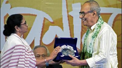West Bengal chief minister Mamata Banerjee handed the Rabindra Purashkar (an old award named after Tagore) to a host of eminent writers and poets at a government event on Monday. She was named the first recipient of the new award by education minister Bratya Basu, who is also president of the Paschimbanga Bangla Academy. (ANI PHOTO.) West Bengal chief minister Mamata Banerjee handed the Rabindra Purashkar (an old award named after Tagore) to a host of eminent writers and poets at a government event on Monday. She was named the first recipient of the new award by education minister Bratya Basu, who is also president of the Paschimbanga Bangla Academy. (ANI PHOTO.)