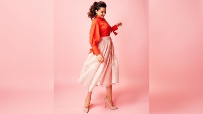 Kangana Ranaut's outfit comprises a full-sleeved solid top and a striped A-line skirt. (Instagram/@kanganaranaut)