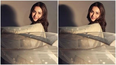 Rakul Preet’s festive wardrobe is drool-worthy. A few days back, the actor shared a set of pictures of herself in a pastel yellow anarkali salwar from the house of Asal. (Instagram/@rakulpreet)