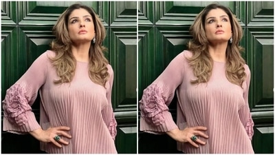 Raveena’s quarter-sleeved satin top came with pleat details and dramatic floral details near to the elbows. The trousers also featured pleat details. (Instagram/@officialraveenatandon)