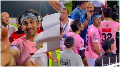 Ranbir Kapoor interacts with fans during Celebrity Football Cup 2022 match in Dubai.