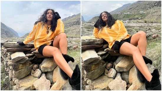 Bhumi Pednekar is currently in Manali, shooting for her upcoming film The Lady Killer which also stars Arjun Kapoor. Ever since Bhumi landed in the Valley of the Gods, she has been keeping her fans updated with all her doings. She recently shared some beautiful pictures of herself in an oversized hoodie, biker shorts and uggs.(Instagram/@bhumipednekar)
