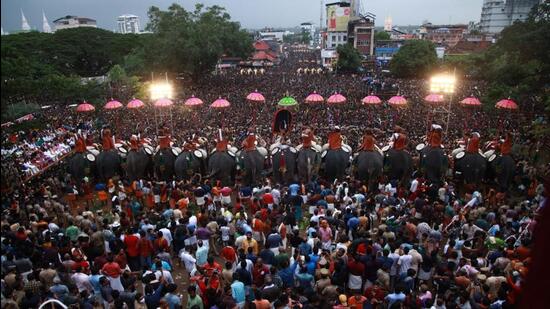 The festival is held annually at Vadakkunnathan (Lord Shiva) temple situated at the heart of Thrissur, which is also known as the cultural capital of the state. (HT Photo)