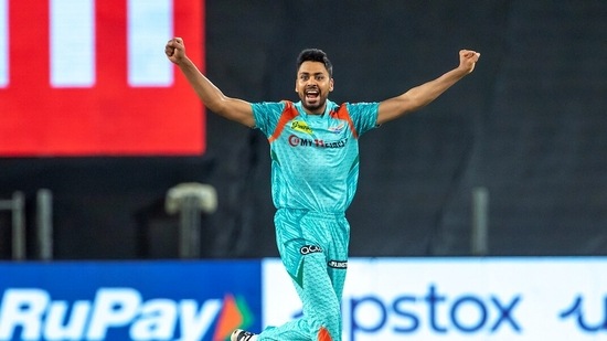 Lucknow Super Giants Avesh Khan celebrates the dismissal during the Indian Premier League 2022 match between Lucknow Super Giants and Gujarat Titans, at Maharashtra Cricket Association Stadium in Pune on Tuesday.&nbsp;(ANI)