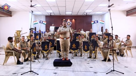 The image taken from the video shared by Mumbai Police on YouTube shows their band Khaki Studio.(YouTube/@Mumbai Police)
