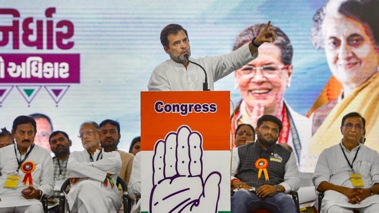 Congress leader Rahul Gandhi addresses a public meeting, in Dahod, Gujarat on Tuesday.(PTI)