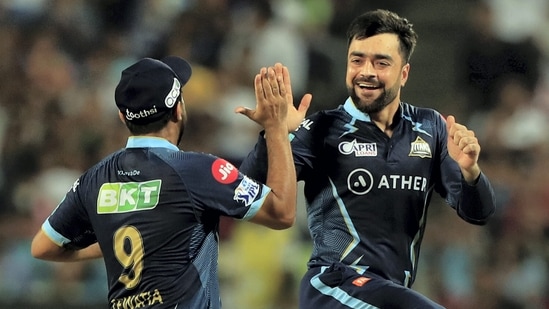 &nbsp;Rashid Khan of Gujarat Titans celebrates the wicket of Krunal Pandya of Lucknow Super Giants, during the Indian Premier League 2022 cricket match between Lucknow Super Giants and Gujarat Titans, at the MCA International Stadium in Pune, Tuesday, May 10, 2022.(PTI)