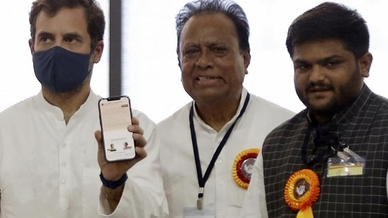 Kongressleiter Rahul Gandhi mit dem Präsidenten des Kongresskomitees von Gujarat Pradesh, Jagdish Thakor, und dem Parteivorsitzenden Hardik Patel während des Stammeskongresses auf dem Gelände des Navjivan Arts and Commerce College in Dahod am Dienstag.  (ANI)