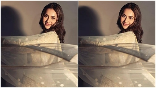 Rakul Preet’s festive wardrobe is drool-worthy. A few days back, the actor shared a set of pictures of herself in a pastel yellow anarkali salwar from the house of Asal.(Instagram/@rakulpreet)