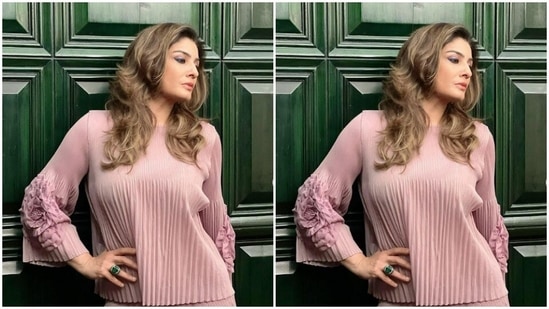 Raveena played muse to fashion designer house Tasuvure and picked a pastel pink co-ord set for the pictures.(Instagram/@officialraveenatandon)