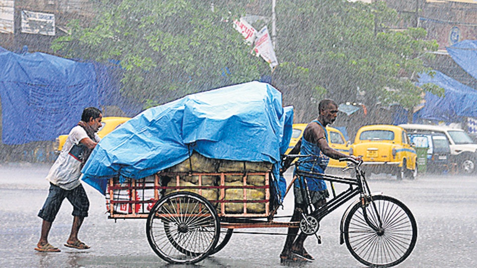 Workers cover a cart with a plastic sheet while commuting amid heavy rainfall in Kolkata on Tuesday. (ANI) Workers cover a cart with a plastic sheet while commuting amid heavy rainfall in Kolkata on Tuesday. (ANI)