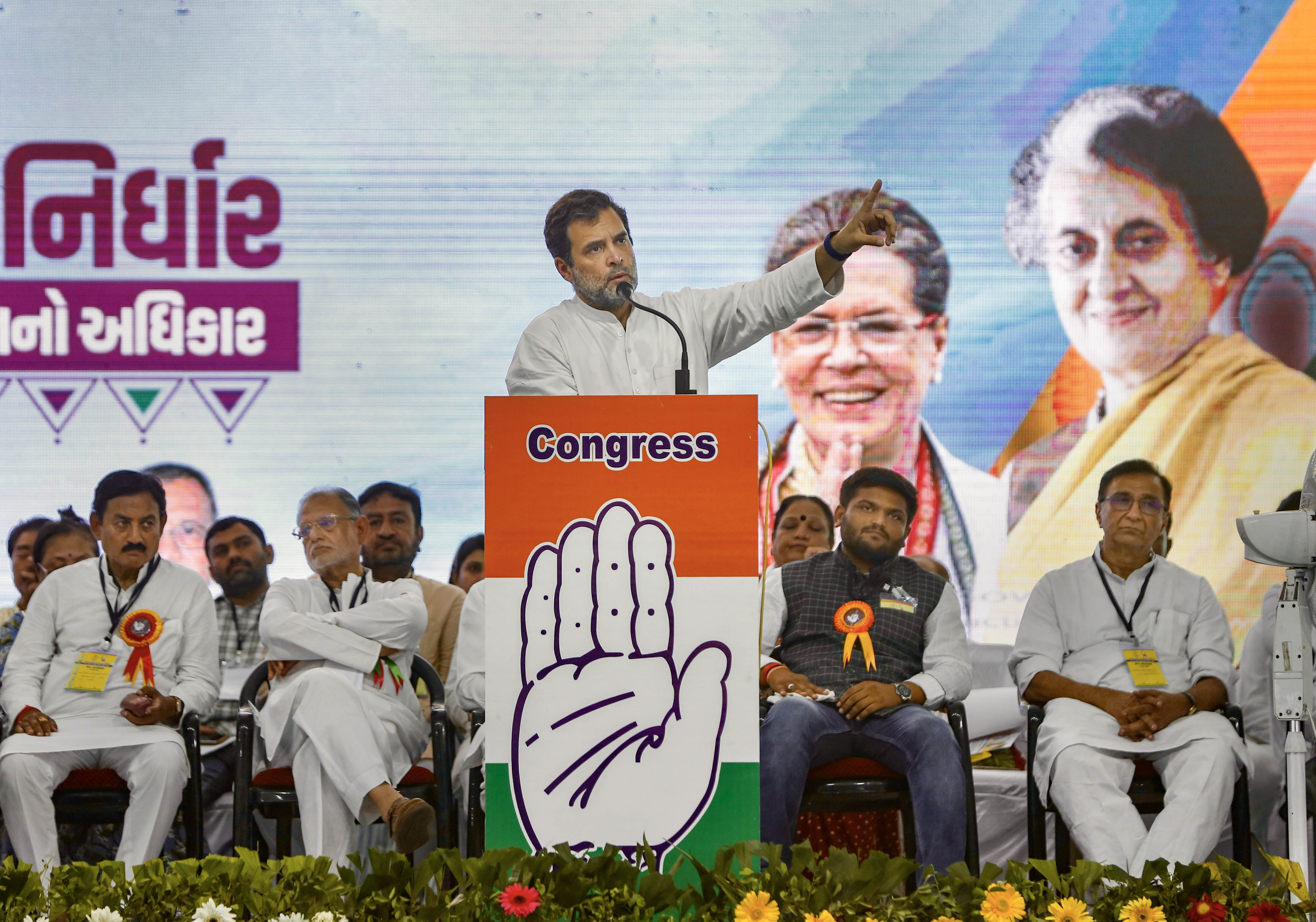Congress leader Rahul Gandhi addresses a public meeting, in Dahod, Gujarat on Tuesday. (PTI) Congress leader Rahul Gandhi addresses a public meeting, in Dahod, Gujarat on Tuesday. (PTI)