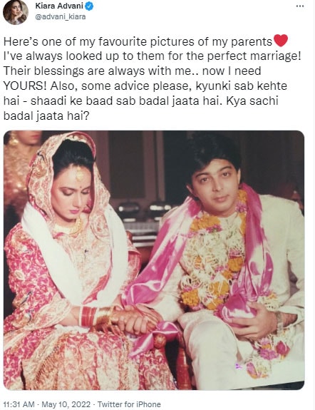 Kiara Advani shared her parents' picture.&nbsp;