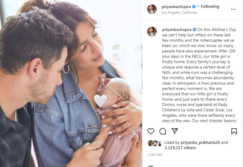 Priyanka Chopra and Nick Jonas with their baby girl.&nbsp;