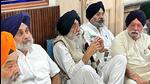 SAD general secretary Prem Singh Chandumajra, party chief Sukhbir Singh Badal, SAD (Amritsar) president Simranjit Singh Mann, former DSGMC presidents Paramjit Singh Sarna and Manjit Singh GK during a panthic gathering at the Golden Temple complex in Amritsar on Wednesday. (HT Photo) SAD general secretary Prem Singh Chandumajra, party chief Sukhbir Singh Badal, SAD (Amritsar) president Simranjit Singh Mann, former DSGMC presidents Paramjit Singh Sarna and Manjit Singh GK during a panthic gathering at the Golden Temple complex in Amritsar on Wednesday. (HT Photo)