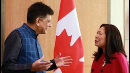 Union Minister of Commerce and Industry Piyush Goyal interacts with Canadian Minister of International Trade, Export Promotion, Small Business and Economic Development Mary Ng during the 5th Ministerial Dialogue on Trade and Investment, in New Delhi, in March. (ANI)