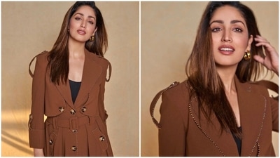 Yami Gautam earlier promoted her film Dasvi in a stylish long trench-coat inspired brown jacket with multiple buttons. (Instagram/@yamigautam)