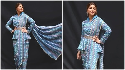 In another Instagram post, Sonali Bendre was seen dropping jaws in a blue printed saree inspired contemporary look. (Instagram/@sonalibendre)