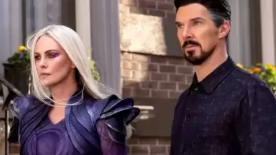 Charlize Theron with Benedict Cumberbatch in a still from Doctor Strange in the Multiverse of Madness. Charlize Theron with Benedict Cumberbatch in a still from Doctor Strange in the Multiverse of Madness.