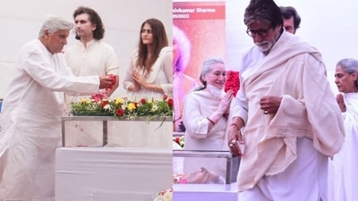 Javed Akhtar, Amitabh Bachchan and Jaya Bachchan during Pandit Shiv Kumar Sharma's last darshan in Juhu. (Pratik Chorge)
