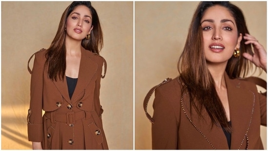 Yami Gautam earlier promoted her film Dasvi in a stylish long trench-coat inspired brown jacket with multiple buttons.(Instagram/@yamigautam)