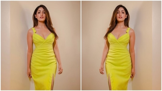Yami Gautam is taking her fashion game to a whole new level and is surely doing justice to all her stylish picks. The actor, who was recently seen in Dasvi, recently stepped out wearing a yellow body-hugging dress.(Instagram/@vandafashionagency)
