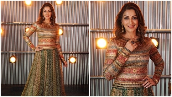 Sonali Bendre, who is currently seen judging DID Li'll Masters, graced the show wearing a breathtaking multi-coloured lehenga set by celebrated Indian designer Tarun Tahiliani.(Instagram/@iamsonalibendre)