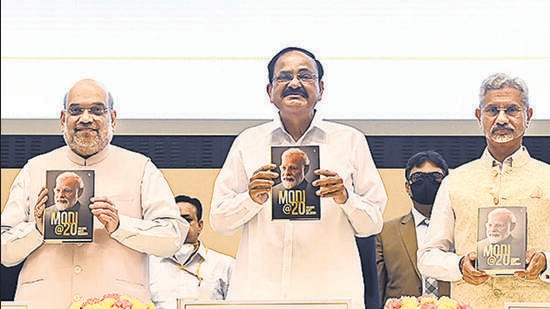 Minister of home affairs Amit Shah, vice president of India Venkaiah Naidu, and minister of external affairs S. Jaishankar at the launch of a Book titled "Modi@20Dreams Meet Delivery" at Vigyan Bhawan in New Delhi On Wednesday. (Sanjay Sharma)