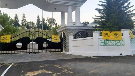 Khalistan flags were put up and graffiti esd scrawled at the Vidhan Sabha complex gate at Tapovan near Dharamshala on May 8. (HT file photo)