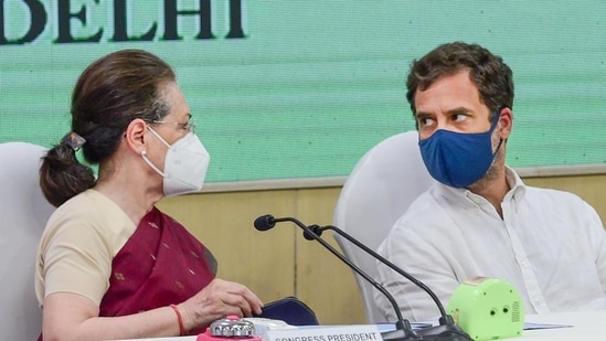 New Delhi: Congress President Sonia Gandhi with party leader Rahul Gandhi during the Congress Working Committee meeting, at the AICC headquarters, in New Delhi, Monday, May 9, 2022. (PTI Photo/Kamal Kishore) (PTI05_09_2022_000180B) (PTI)