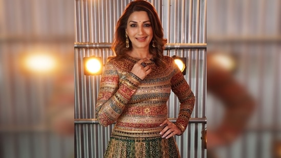 Sonali Bendre picked this gorgeous multi-coloured brocade textured multicoloured embroidered lehenga set from ace designer Tarun Tahiliani's collection.(Instagram/@iamsonalibendre)