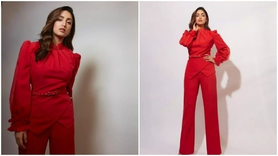 Yami Gautam earlier made jaws drop in this stunning red co-ord set that comprises of a closed neck top with ruffled sleeves and high-rise torusers.(Instagram/@yamigautam)