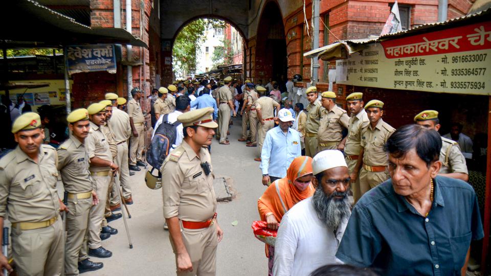 Security personnel outside the court during hearing of the Gyanvapi mosque survey case, in Varanasi on Tuesday. (PTI) Security personnel outside the court during hearing of the Gyanvapi mosque survey case, in Varanasi on Tuesday. (PTI)