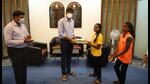 Navi Mumbai municipal commissioner Abhijit Bangar (2nd from left) felicitates Kajal Lakandar Saroj of Rabale School (2nd from right) and Shivani Ramprasad Jaiswal of Airoli School (extreme right) for their selection into the Thane district under-17 girls football team. Deputy municipal commissioner Manoj Mahale looks on. (HT PHOTO) Navi Mumbai municipal commissioner Abhijit Bangar (2nd from left) felicitates Kajal Lakandar Saroj of Rabale School (2nd from right) and Shivani Ramprasad Jaiswal of Airoli School (extreme right) for their selection into the Thane district under-17 girls football team. Deputy municipal commissioner Manoj Mahale looks on. (HT PHOTO)