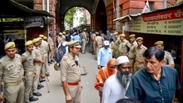 Security personnel outside the court during hearing of the Gyanvapi mosque survey case, in Varanasi.