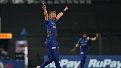 Mumbai Indians Riley Meredith celebrates the dismissal during the Indian Premier League 2022 match between Chennai Super Kings and Mumbai Indians (ANI) Mumbai Indians Riley Meredith celebrates the dismissal during the Indian Premier League 2022 match between Chennai Super Kings and Mumbai Indians (ANI)