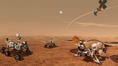 This illustration shows a concept for a set of future robots working together to ferry back samples from the surface of Mars collected by NASA's Mars Perseverance rover. ((NASA) ) This illustration shows a concept for a set of future robots working together to ferry back samples from the surface of Mars collected by NASA's Mars Perseverance rover. ((NASA) )