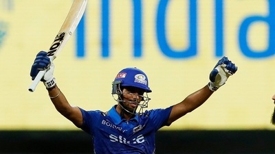 N. Tilak Varma of Mumbai Indians celebrates winning the 59th T20 cricket match of the Indian Premier League 2022 (PTI) N. Tilak Varma of Mumbai Indians celebrates winning the 59th T20 cricket match of the Indian Premier League 2022 (PTI)