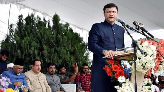 Hyderabad, Mar 02 (ANI): All India Majlis-e-Ittehadul Muslimeen (AIMIM) leader Akbaruddin Owaisi addresses at the celebration of 64th party's foundation day, at Darussalam (party headquarters), in Hyderabad on Wednesday. (ANI Photo) (Mohammed Aleemuddin)