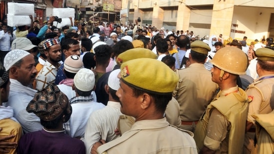 Varanasi, May 07 (ANI): Police personnel at the spot where People from the Muslim community stage a protest after the arrival of the court commissioner and nominated members for the survey of the Gyanvapi Masjid complex. (ANI Photo)(Rajesh Kumar)