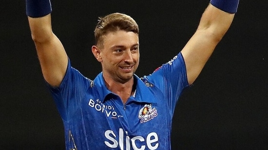 Mumbai Indians Daniel Sams celebrates the dismissal during the Indian Premier League 2022 match between Chennai Super Kings and Mumbai Indians(ANI)