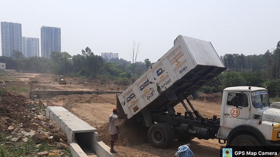 The alleged illegal construction work in the buffer zone of Pattandur Agrahara Lake in Whitefield. (Source: Save Pattandur Agrahara Lake/Twitter)