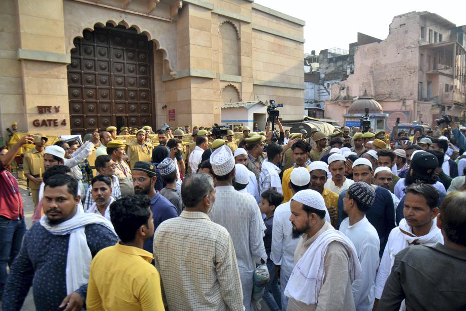 Members of the Muslim community gather at the site during the survey of the Gyanvapi Masjid complex and Shringar Gauri Temple, in Varanasi, on May 7. (PTI Photo) Members of the Muslim community gather at the site during the survey of the Gyanvapi Masjid complex and Shringar Gauri Temple, in Varanasi, on May 7. (PTI Photo)