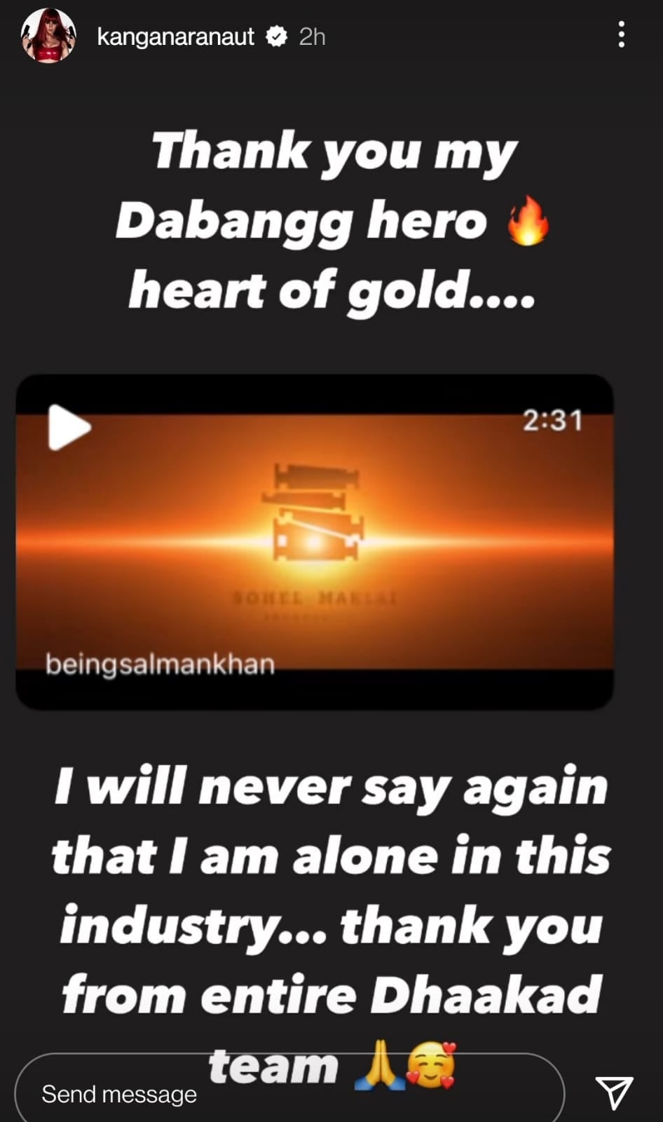 Kangana's Instagram Story in praise of Salman Khan.