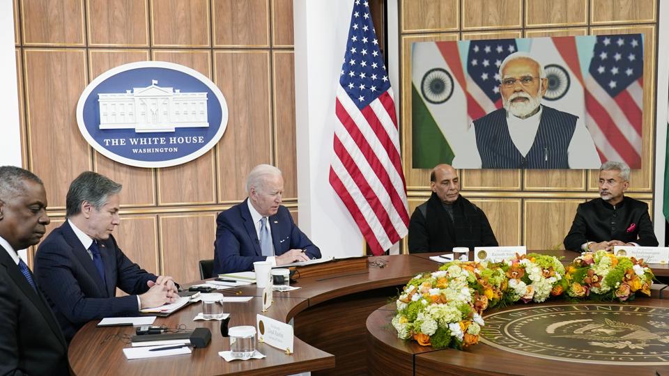 President Joe Biden meets virtually with Prime Minister Narendra Modi in the South Court Auditorium on the White House campus in Washington on April 11, 2022. (AP File) President Joe Biden meets virtually with Prime Minister Narendra Modi in the South Court Auditorium on the White House campus in Washington on April 11, 2022. (AP File)