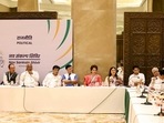 Congress leaders Priyanka Gandhi Vadra, Shashi Tharoor, Deepender Singh Hooda, Ghulam Nabi Azad, and others during a meeting on day 1 of the Nav Sankalp Chintan Shivir, in Udaipur.(ANI)